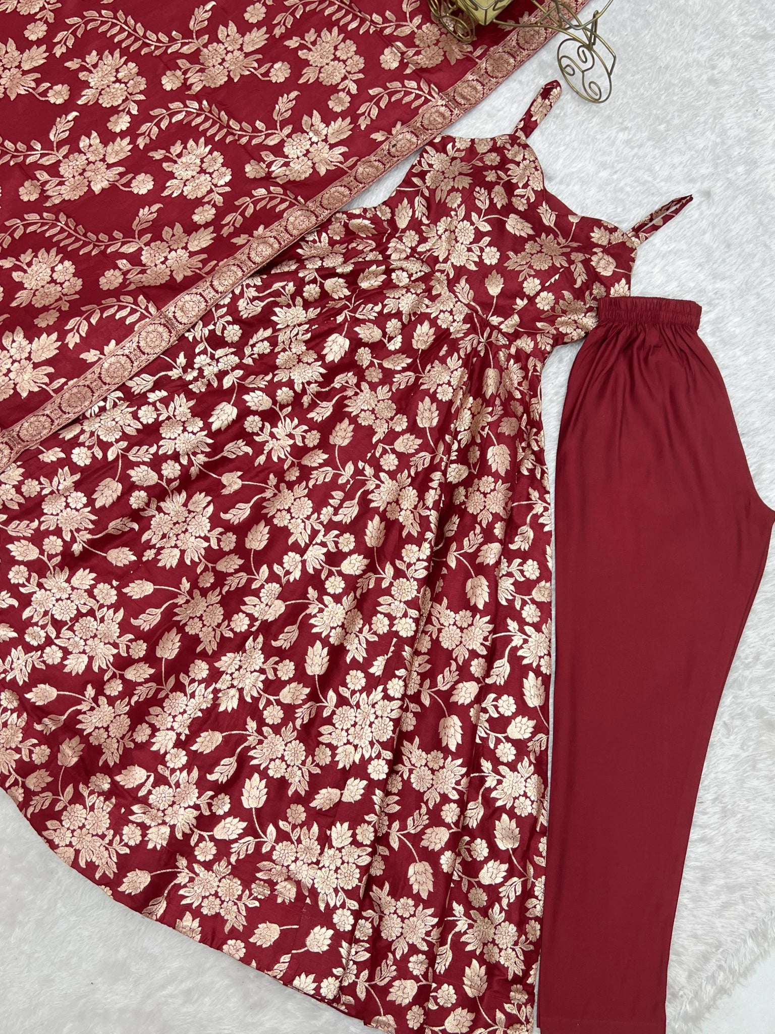 Maroon Banarasi Jacquard Anarkali suit flat lay with straight pant
